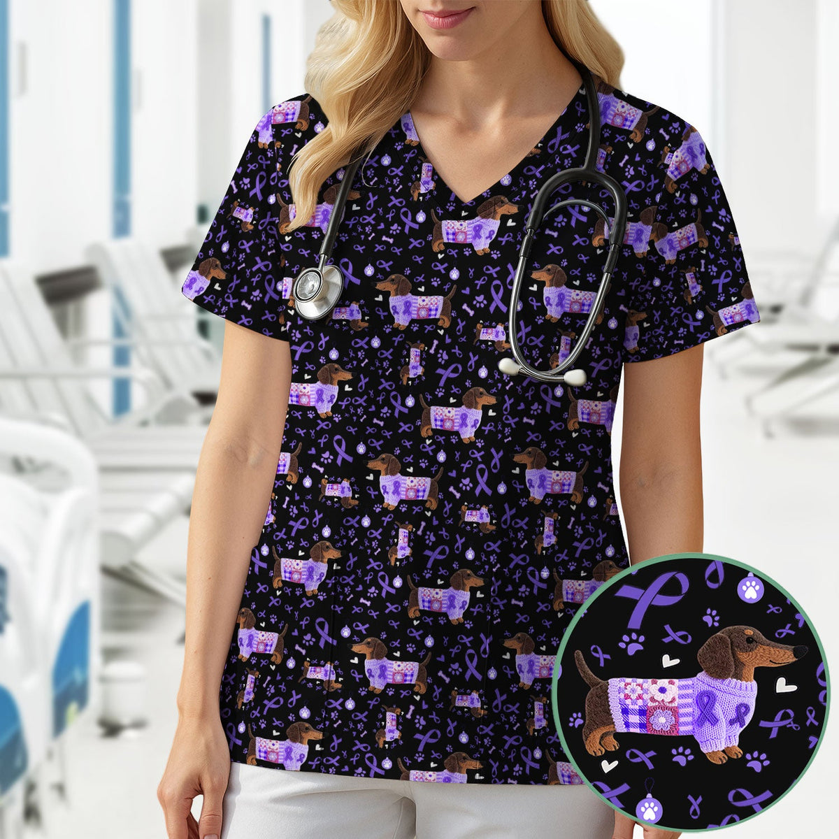 Purple Ribbon Dachshund Nurse Scrub Top