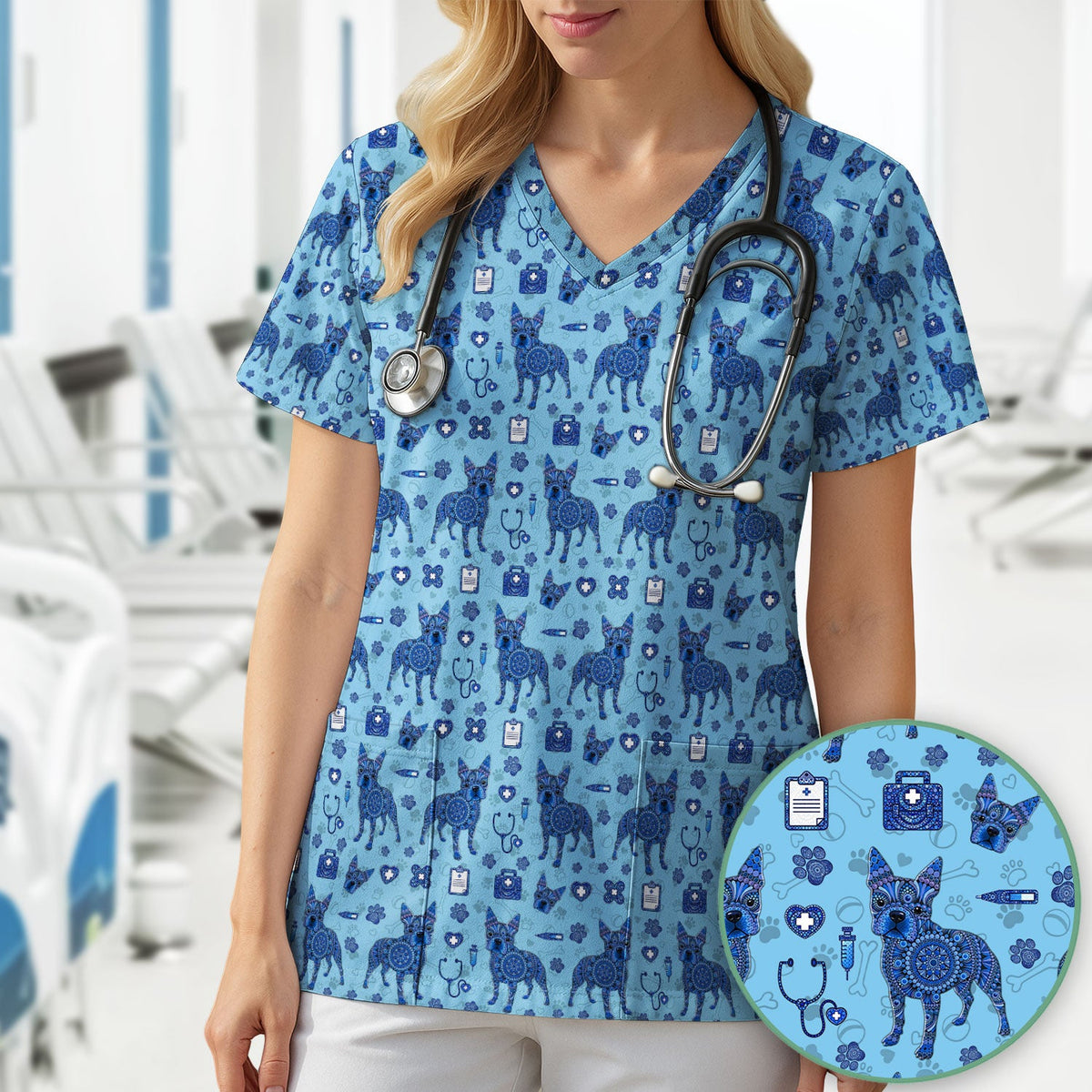 Blue Heeler Australian Cattle Dog Scrub Top, Australia Dot Art Pattern Shirt, Breathable Fabrics Nursing Uniform