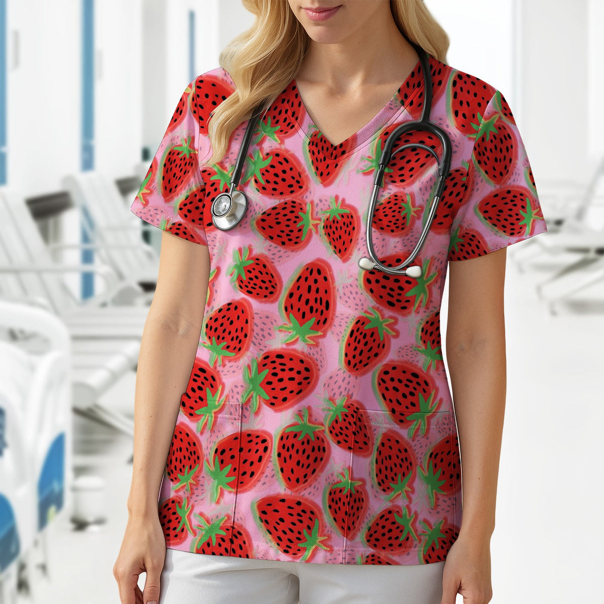 Pink Strawberry Nurse Scrub Top