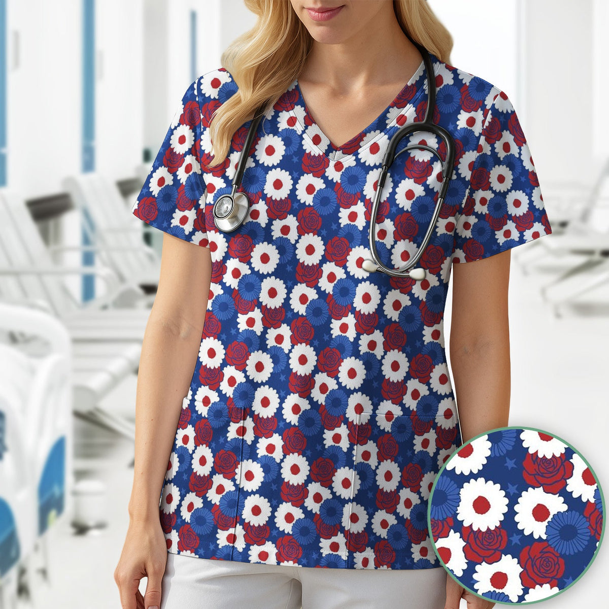 Daisy Rose Floral Nurse Scrub Top