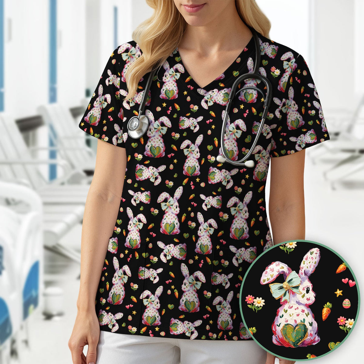 Pastel Bunny Easter Nurse Scrub Top