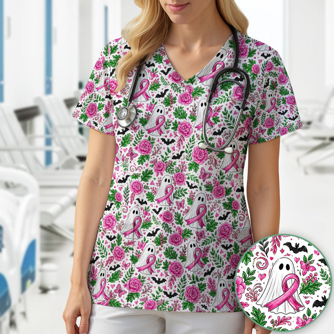 Breast Cancer Awareness Floral Ghost Nurse Scrub Top