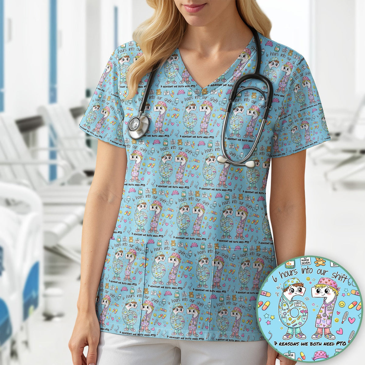 Six Hours Into Shift Blue Nurse Scrub Top