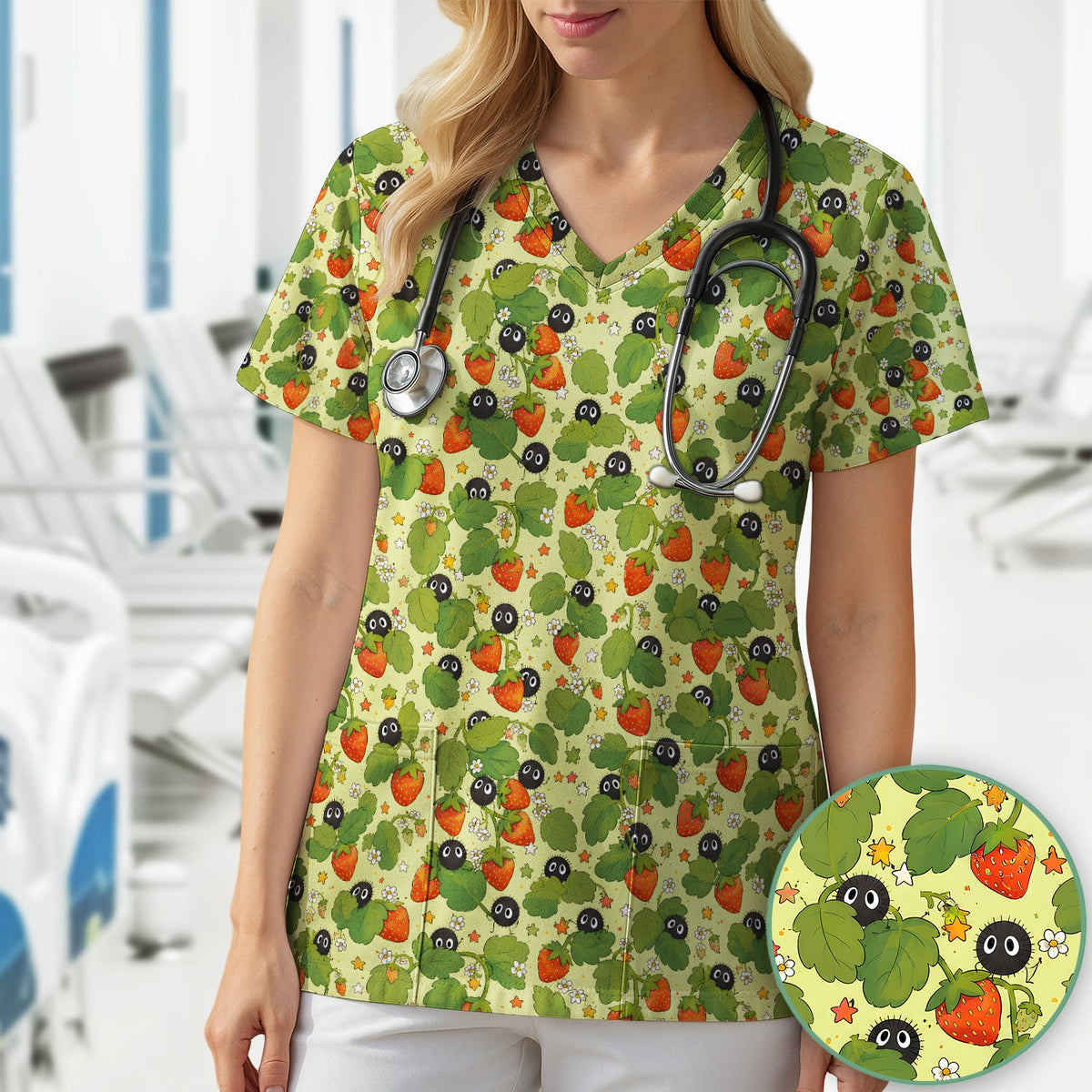 Strawberry Soot Sprite Nurse Scrub Top