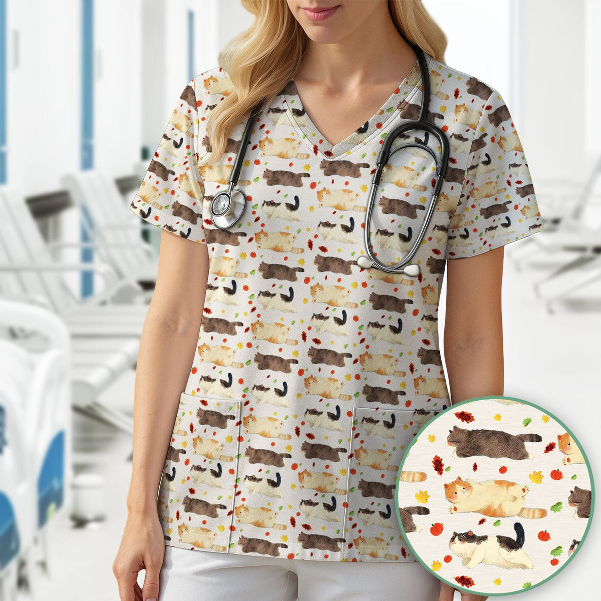 Chubby Cat Autumn Leaves Nurse Scrub Top