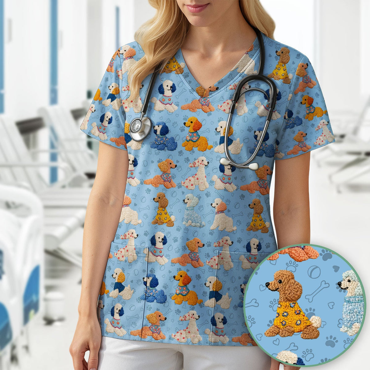 Cute Colorful Poodle Pattern Scrub Top, Comfortable Scrubs for Nurses
