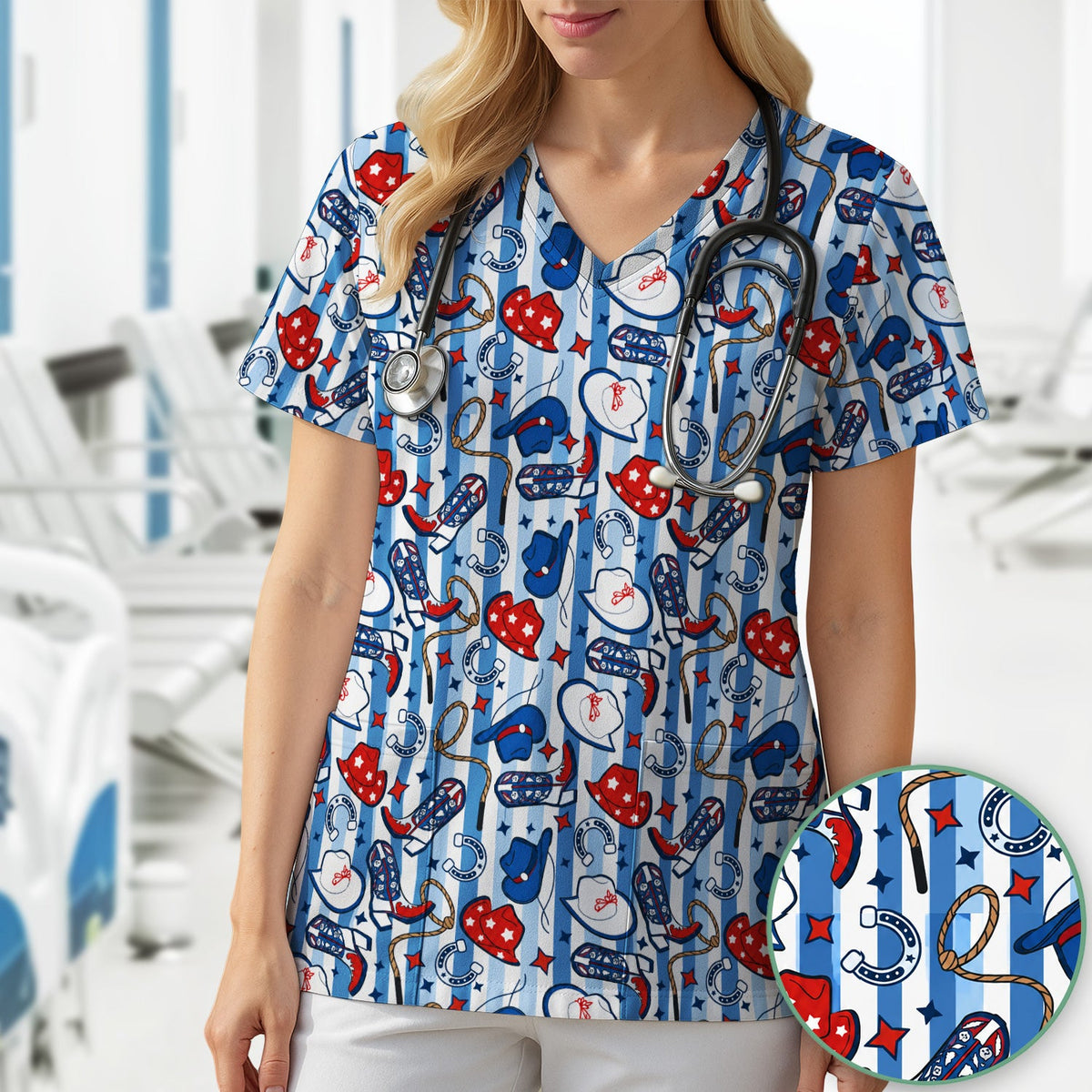 Western Cowboy Boots Hats Nurse Scrub Top