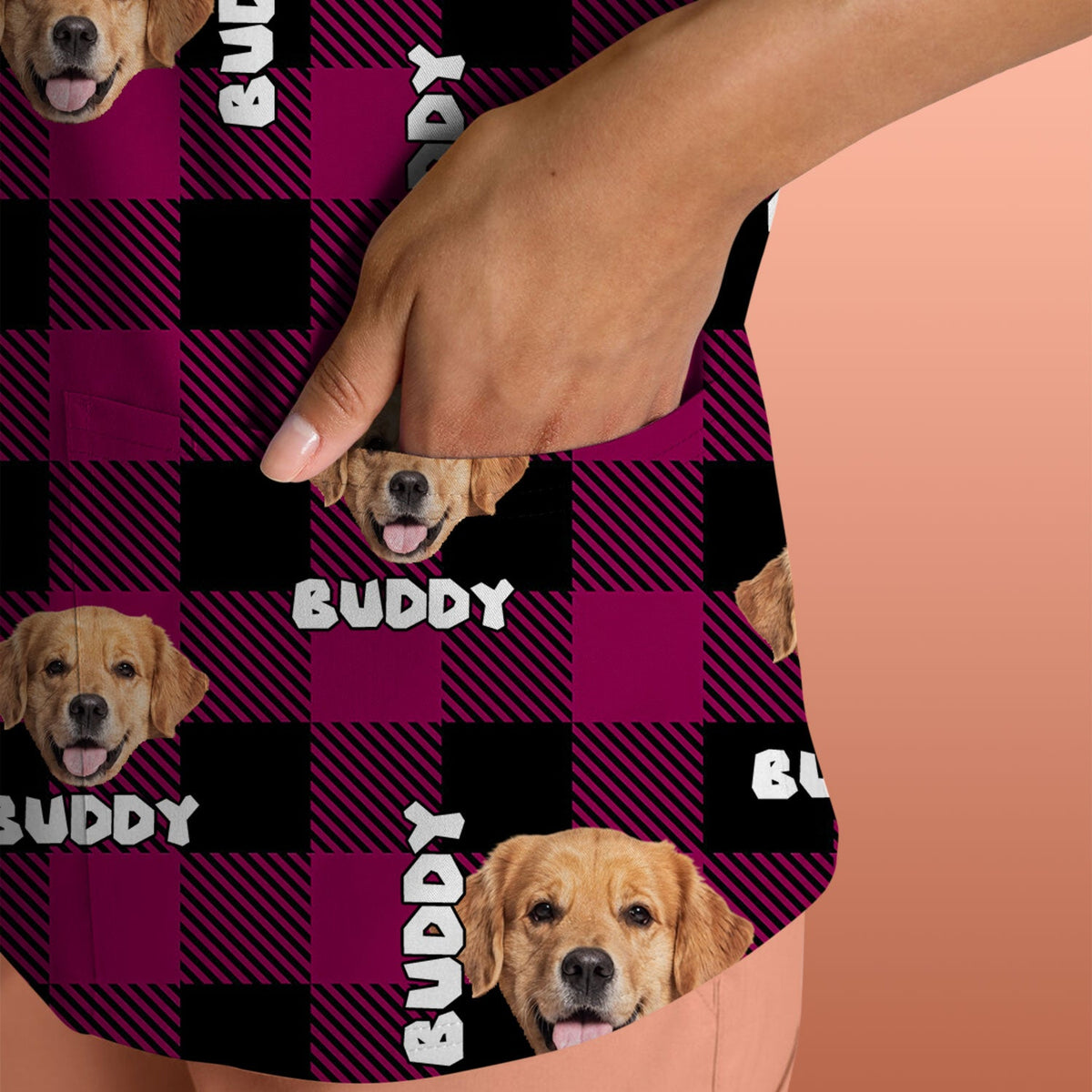 Custom Dog Face Scrub Top, Personalized Pet Photo Checkered Pattern Shirt, Custom Name Vet Tech Gift For Nursing
