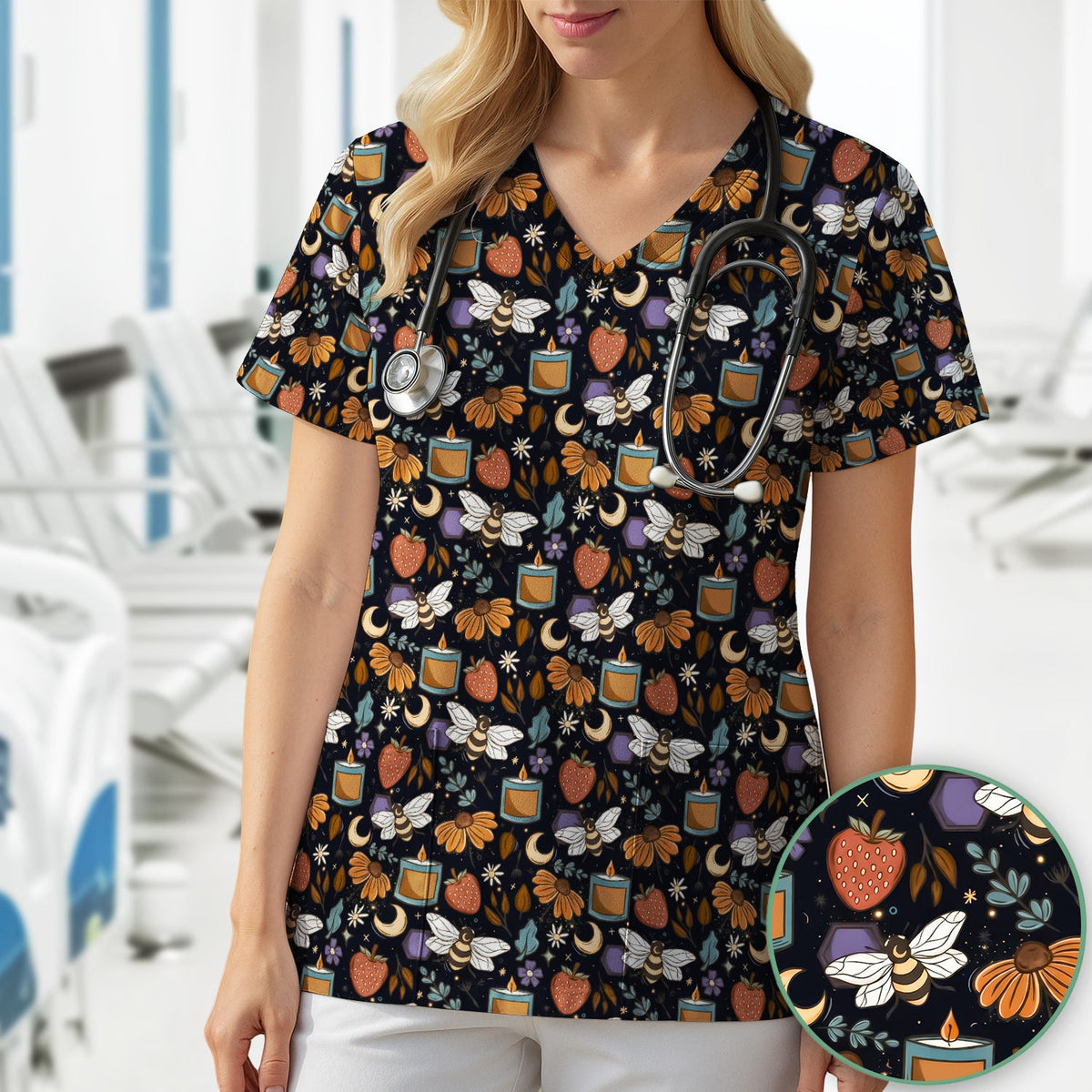 Bee Strawberry Floral Candle Nurse Scrub Top
