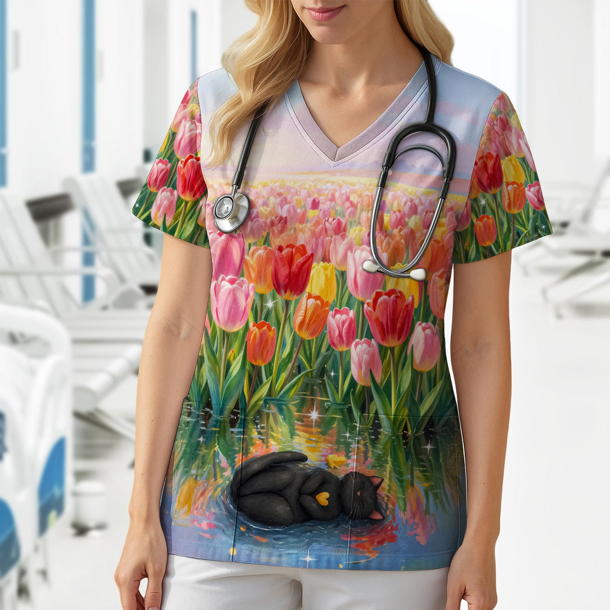 Sleeping Black Cat Tulip Field Nurse Scrub Top