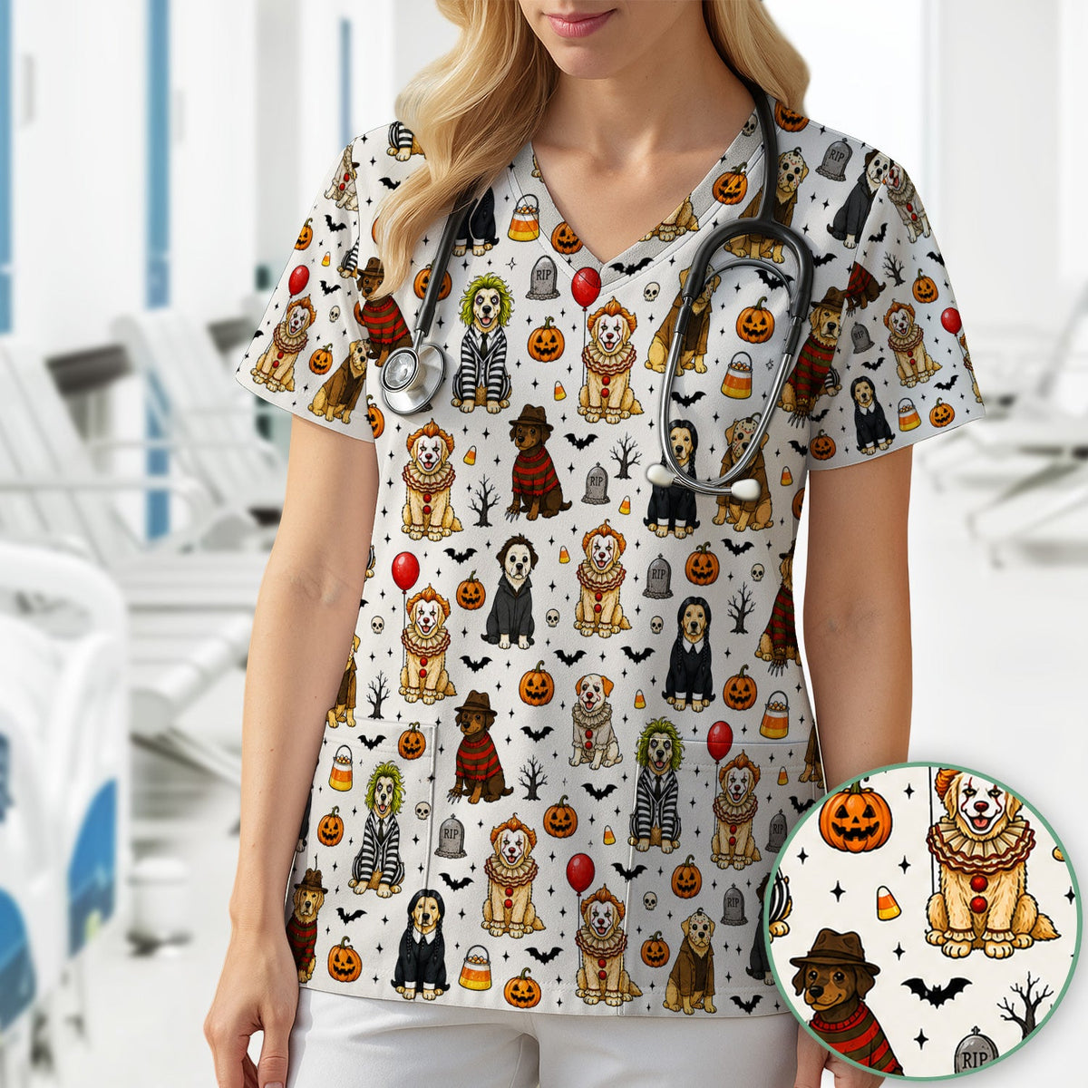 Halloween Dog Nurse Scrub Top