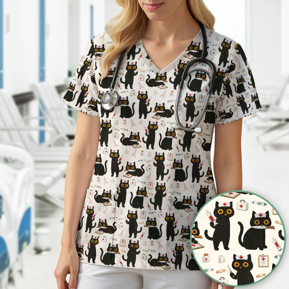 Cute Black Cat Nurse Scrub Top