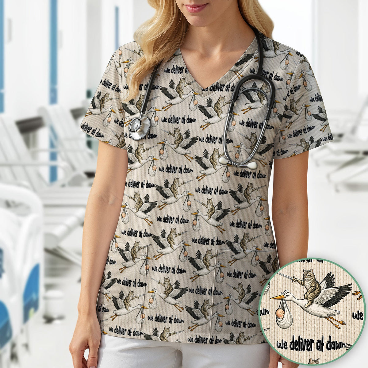 Stork Cat Delivery Nurse Scrub Top