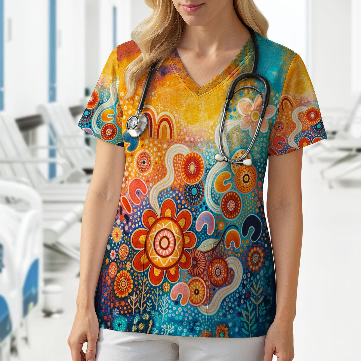 Australian Dot Art Inspired Scrub Top, Artistic Boho Pattern Nurse Shirt, Comfortable Scrubs For Nursing