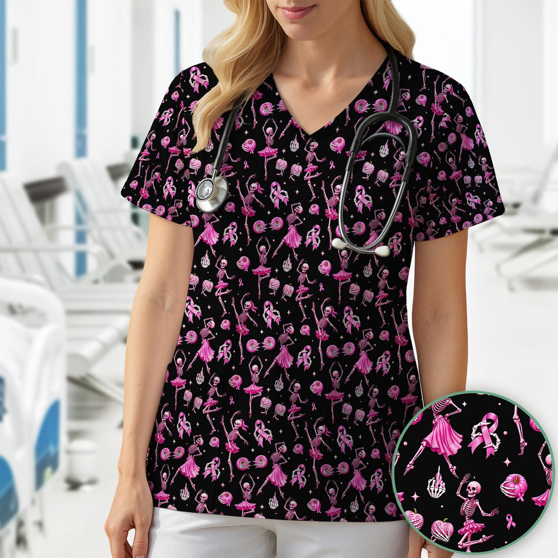 Pink Ribbon Skeleton Ballerina Breast Cancer Nurse Scrub Top