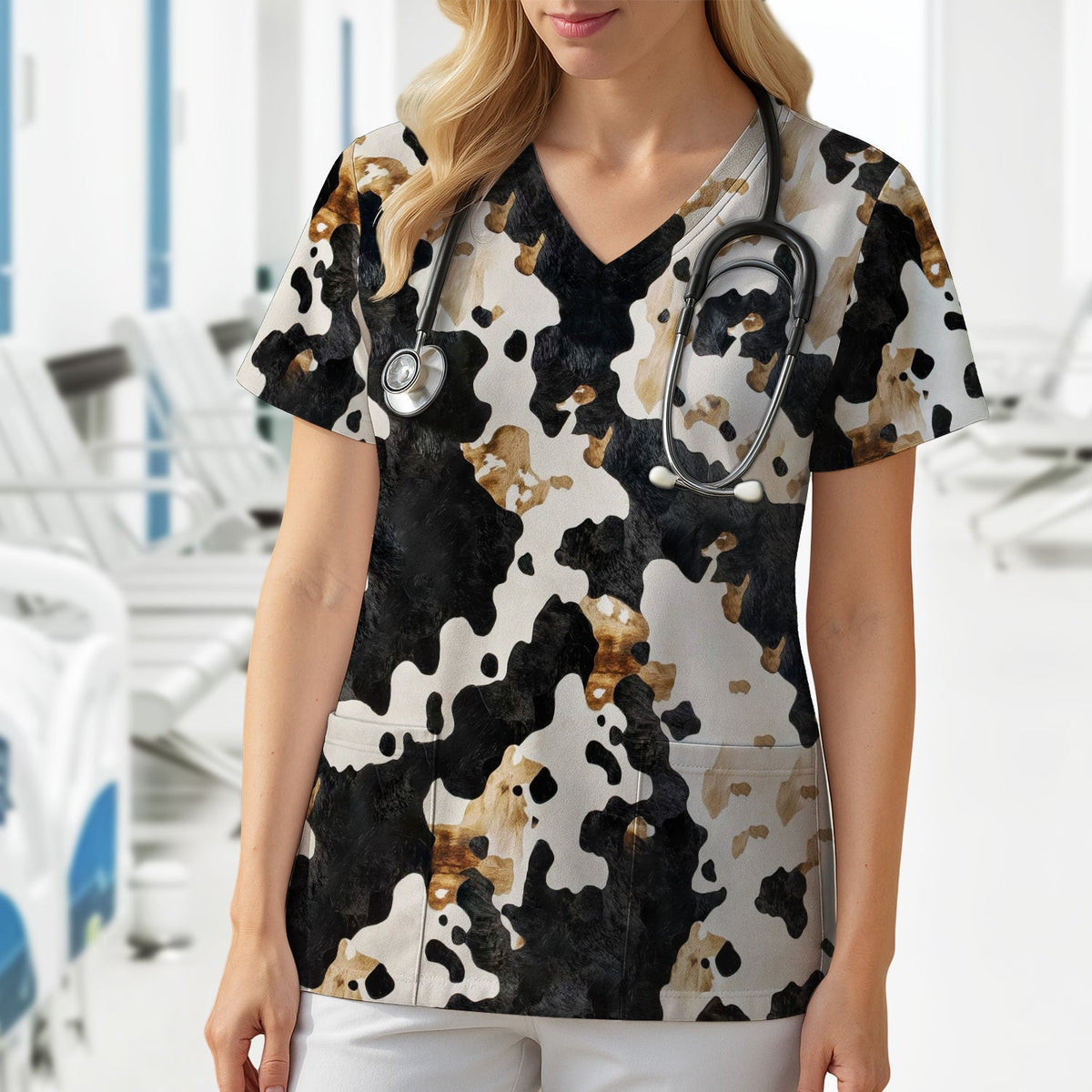 Classic Cow Print Nurse Scrub Top