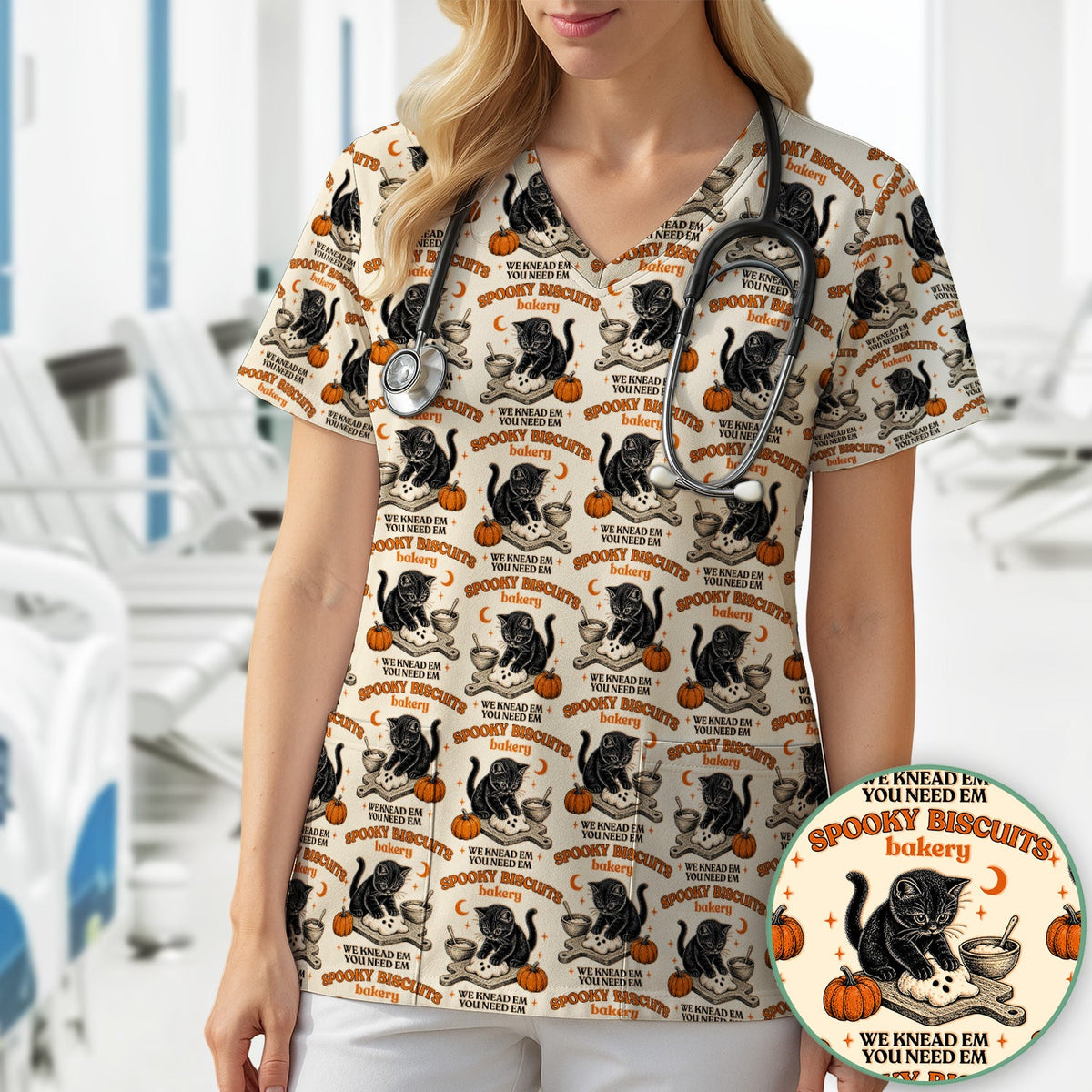 Black Cat Nurse Scrub Top - Halloween Gift