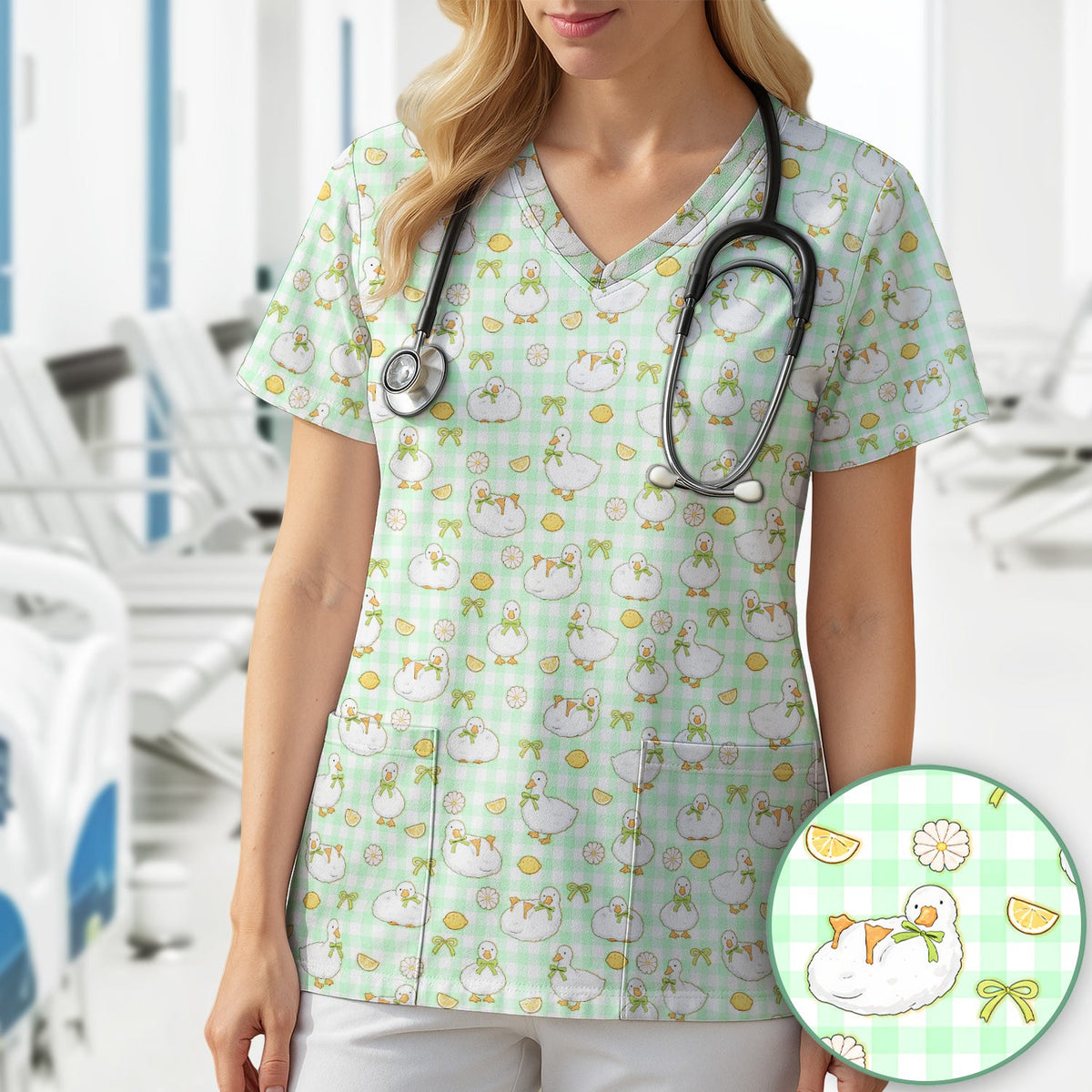 Adorable Ducks Lemon Daisy Nurse Scrub Top