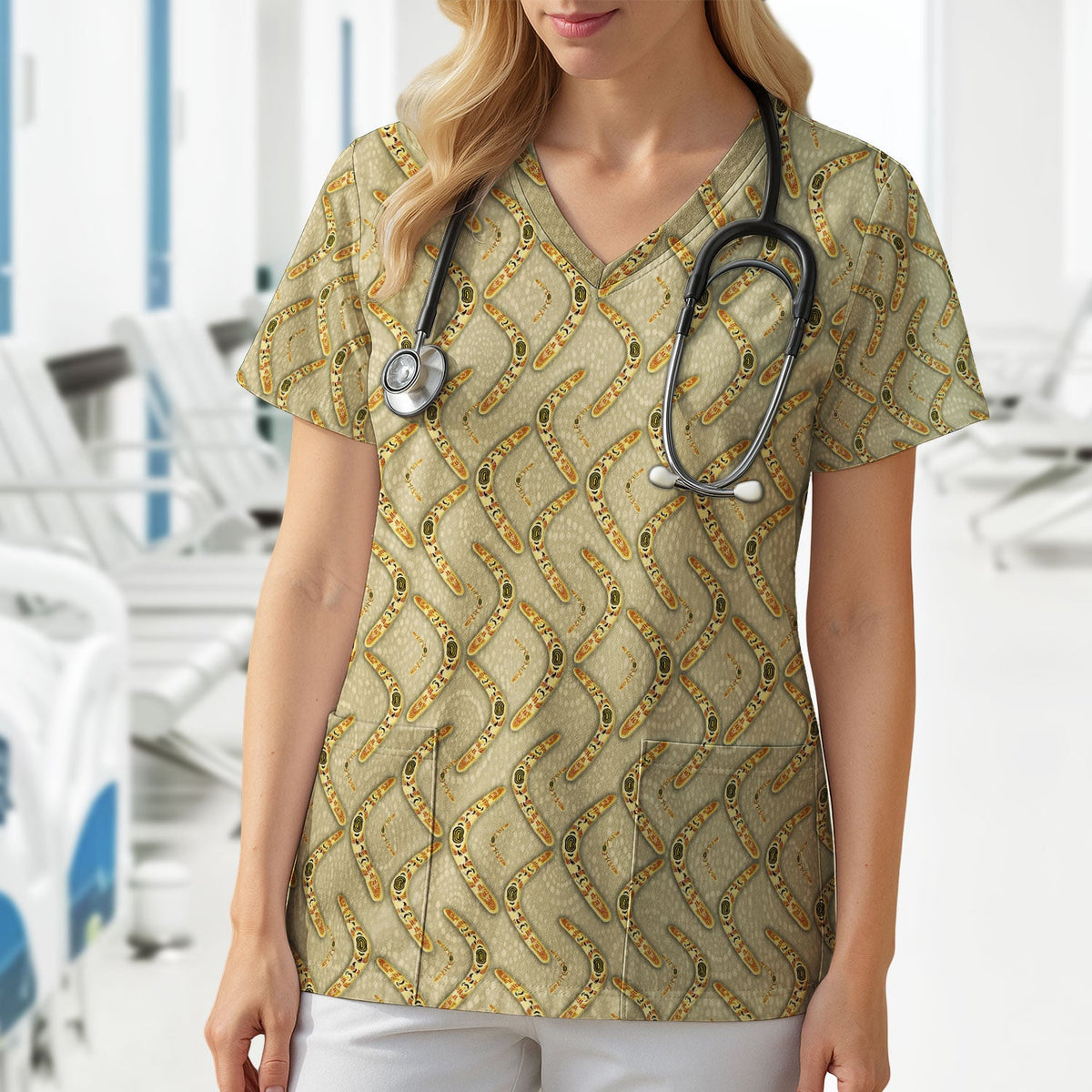 Aboriginal Boomerang Nurse Scrub Top