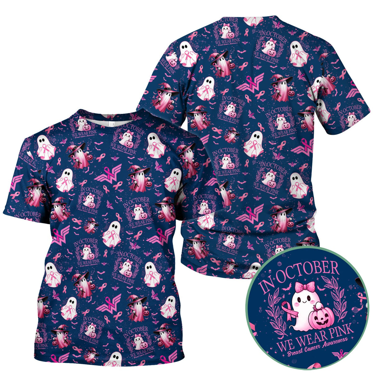 Pink Ribbon Ghost Witch Nurse Scrub Top - Breast Cancer Gift