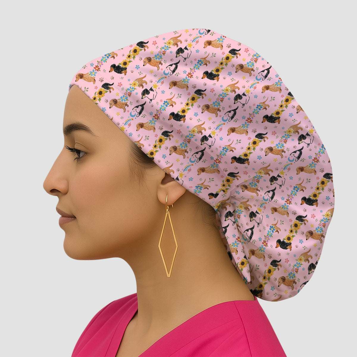 Floral Wiener Dog Scrub Cap
