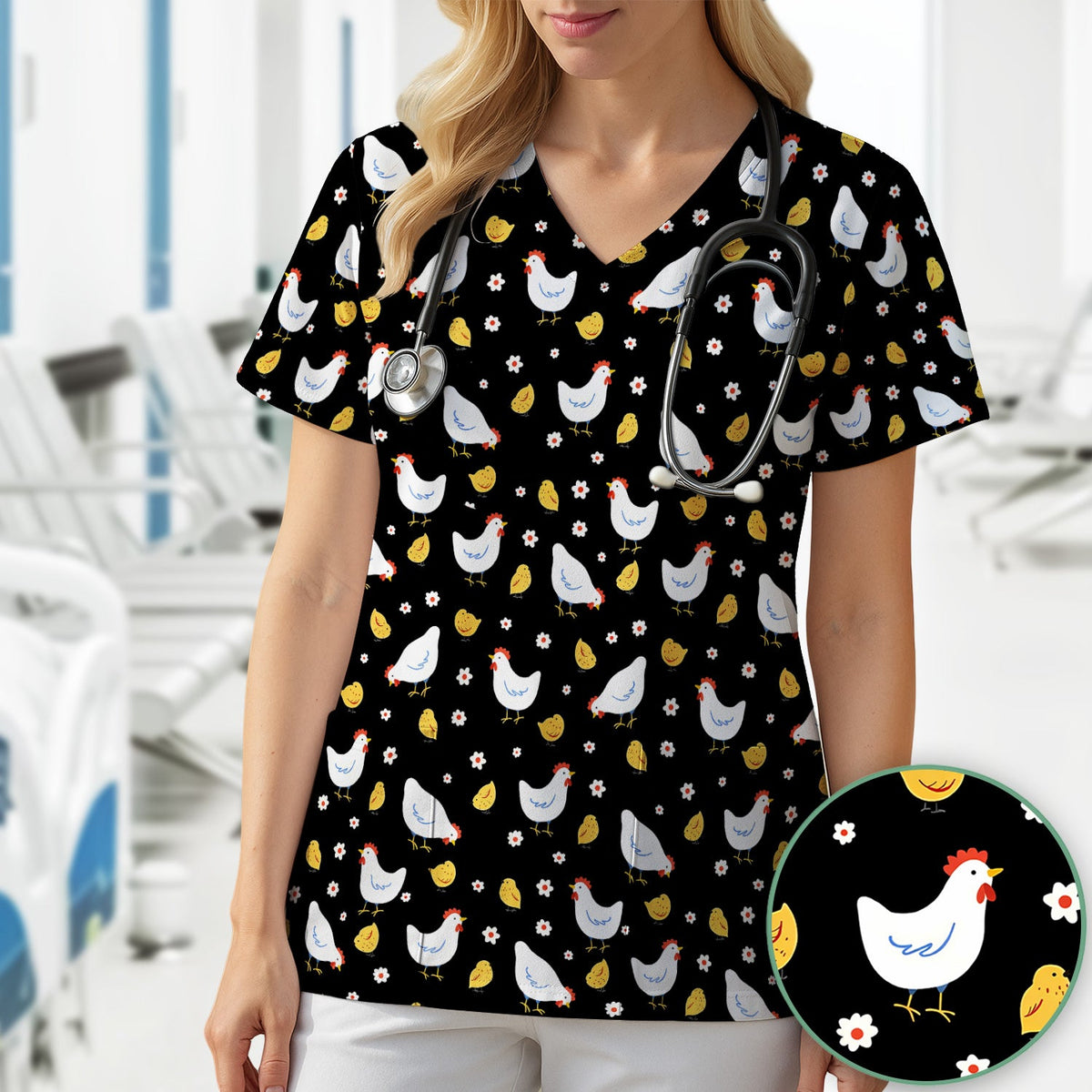 Chicken And Cute Chicks Nurse Scrub Top