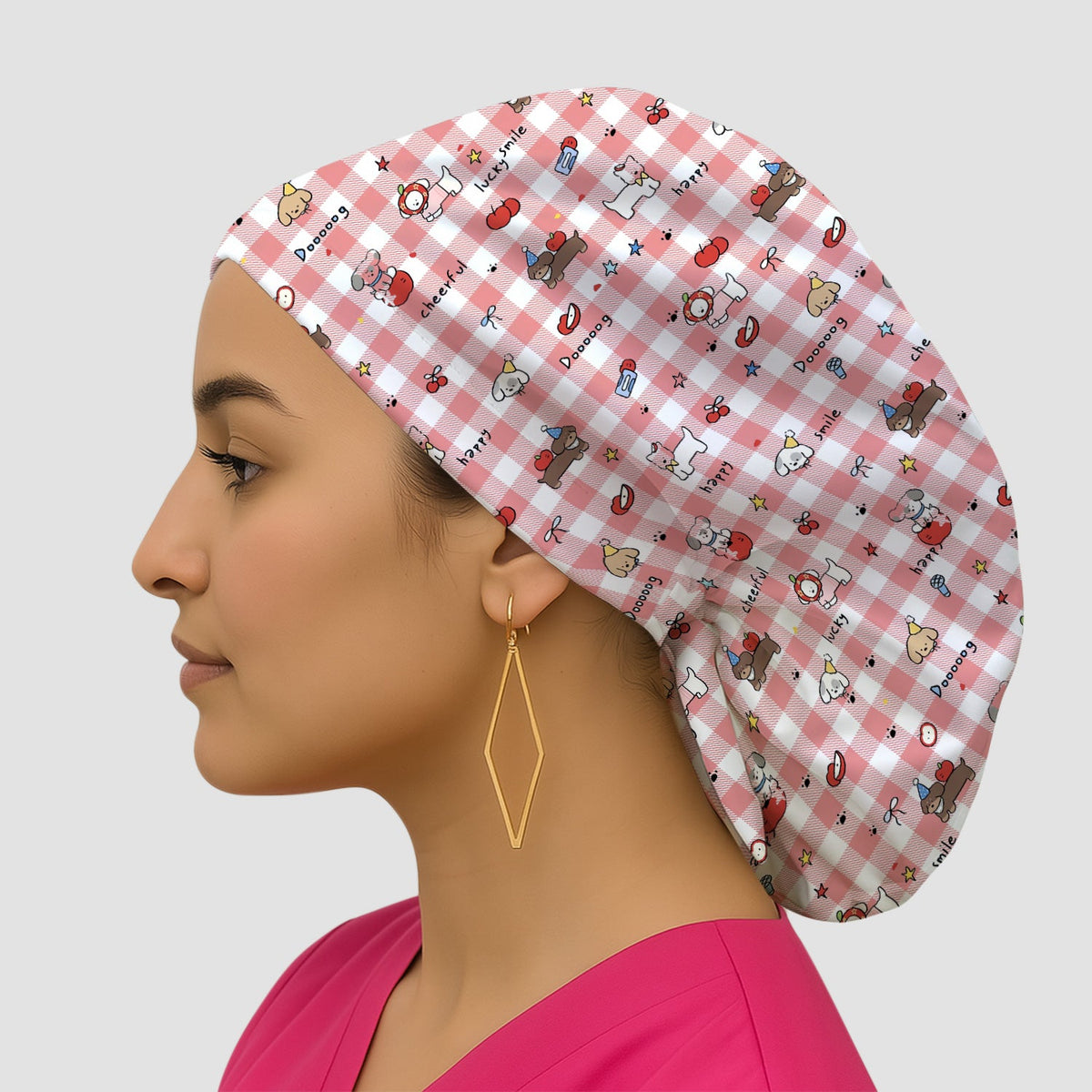 Cartoon Puppy Apple Gingham Scrub Cap