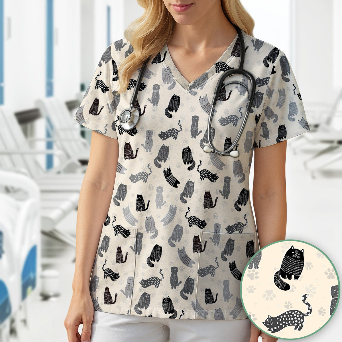 Cat Paw Print Nurse Scrub Top