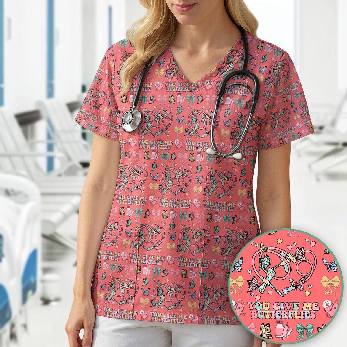 Butterfly Heart Nurse Scrub Top - Valentines Day Gift