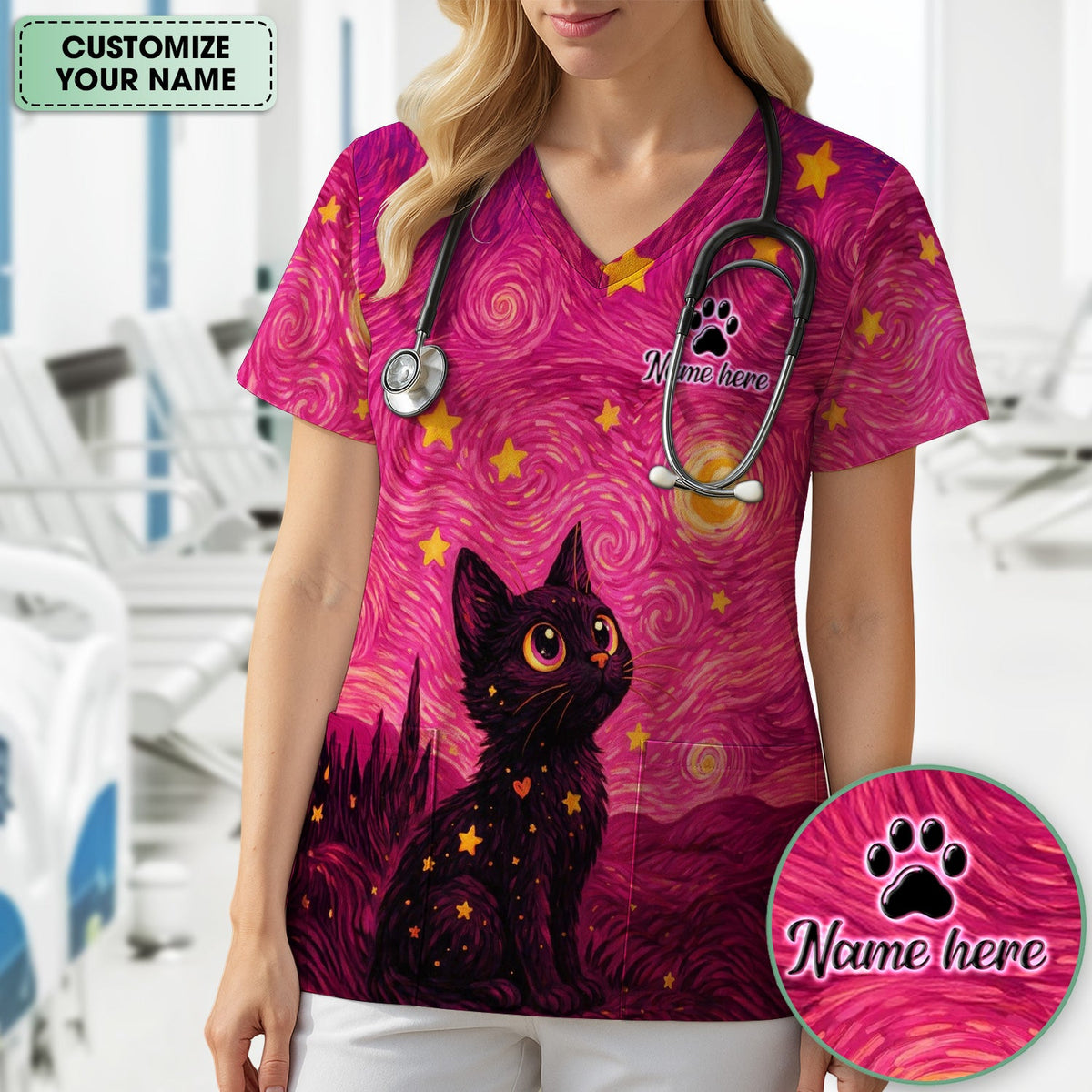 Personalized Black Cat Galaxy Star Swirl Pattern Scrub Top, Comfortable Scrubs for Nurses