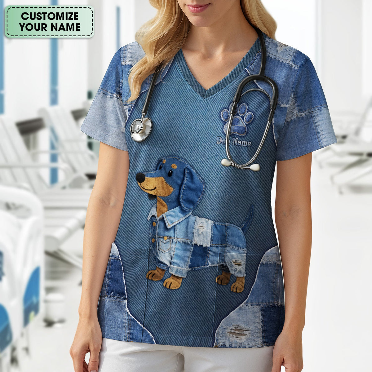 Personalized Denim Dachshund Nurse Scrub Top