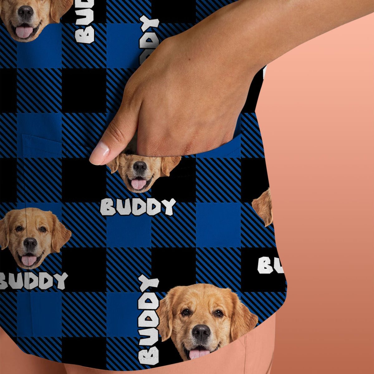 Custom Dog Face Scrub Top, Personalized Pet Photo Checkered Pattern Shirt, Custom Name Vet Tech Gift For Nursing