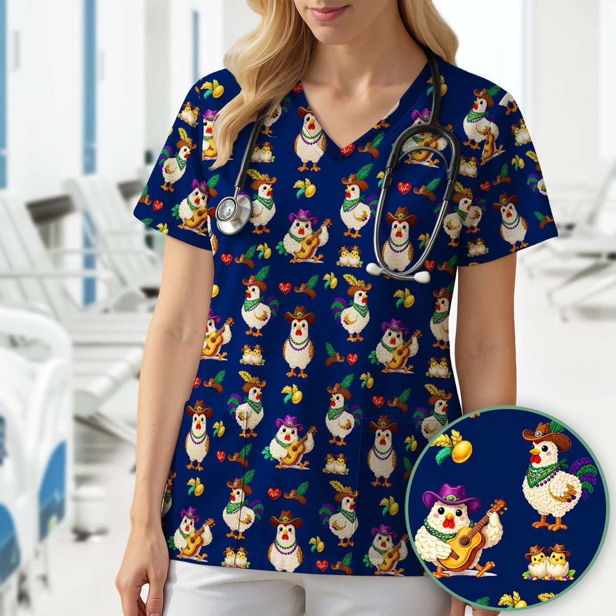 Mardi Gras Rooster Cowboy Nurse Scrub Top