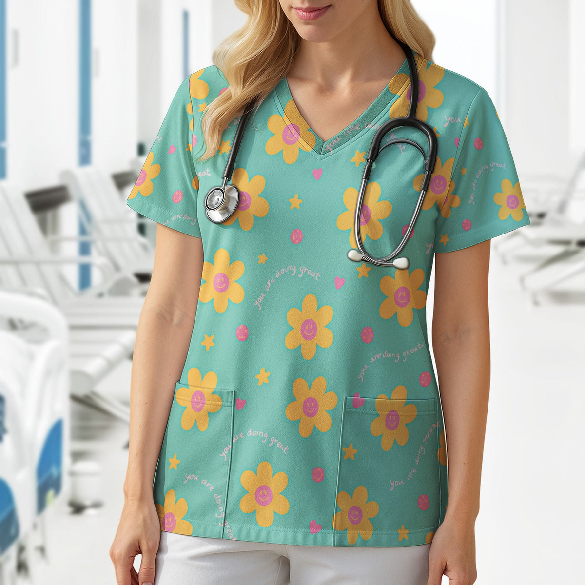 Smiley Flower Nurse Scrub Top