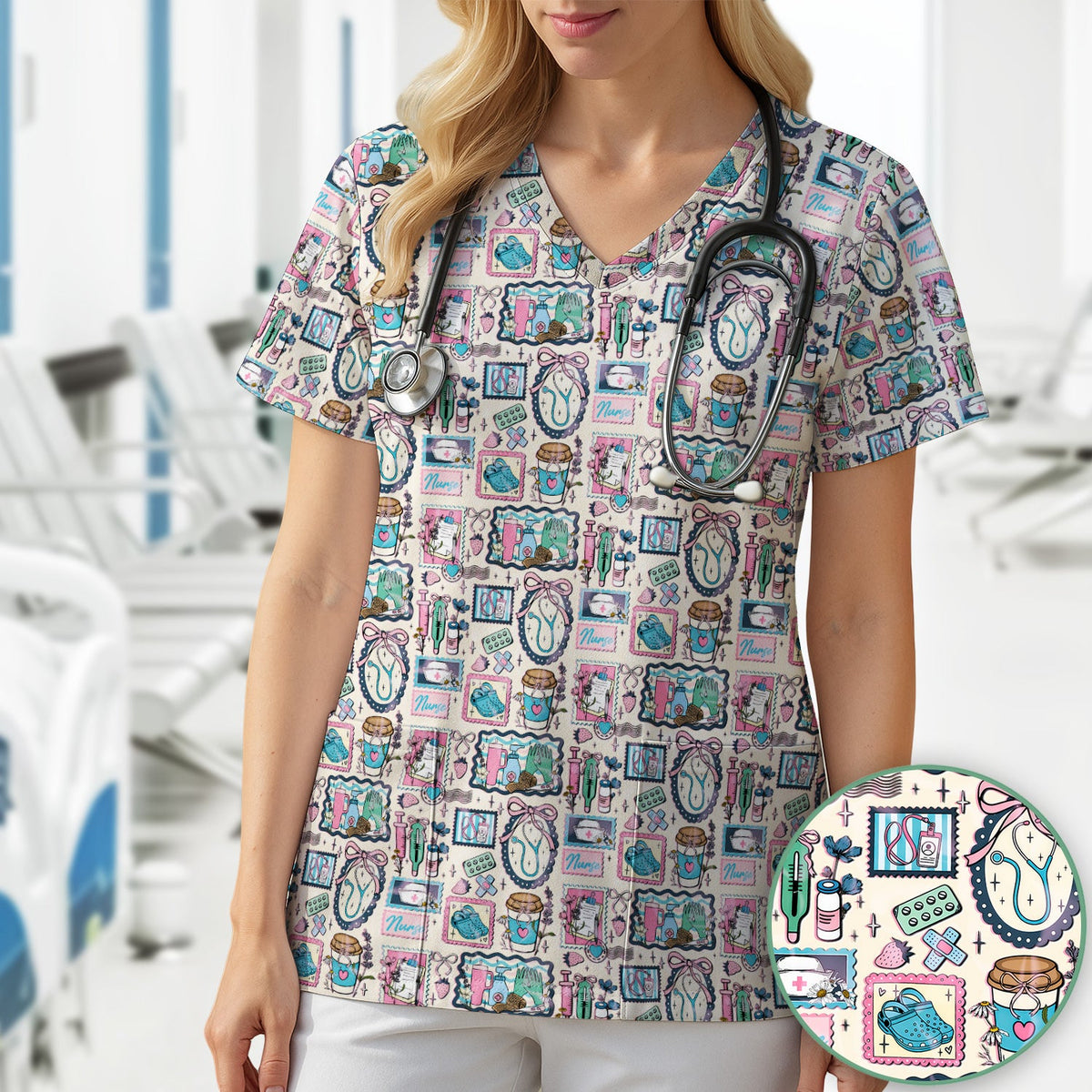Stethoscope Syringe Frame Nurse Scrub Top