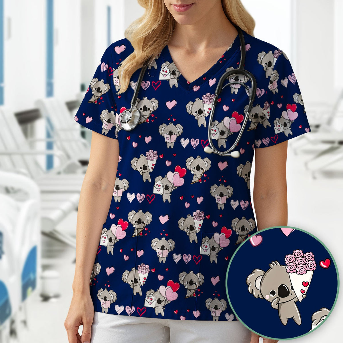 Valentine Koala Holding Flowers Cute Print Scrub Top, Comfortable Scrubs for Nurses