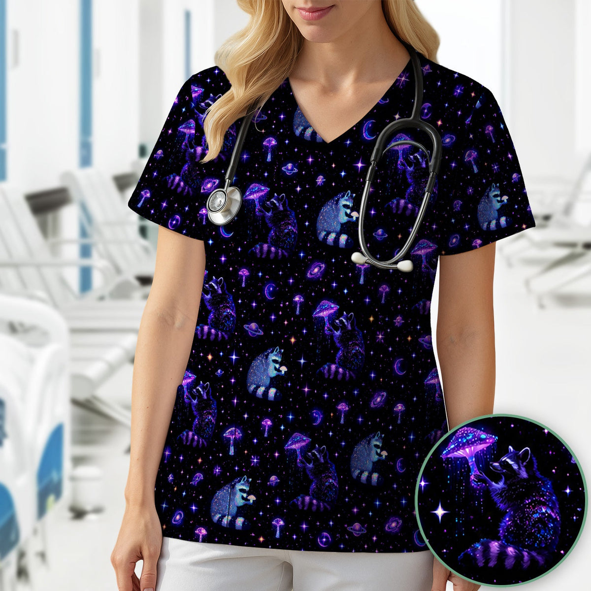 Raccoon Mushroom Galaxy Nurse Scrub Top