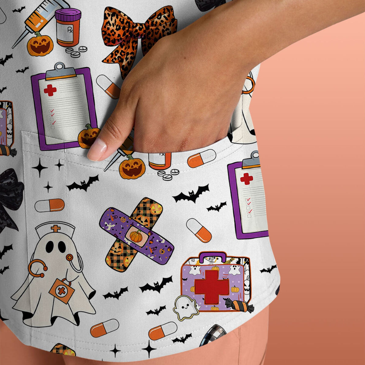 Spooky Ghost Pumpkin Bow Nurse Scrub Top