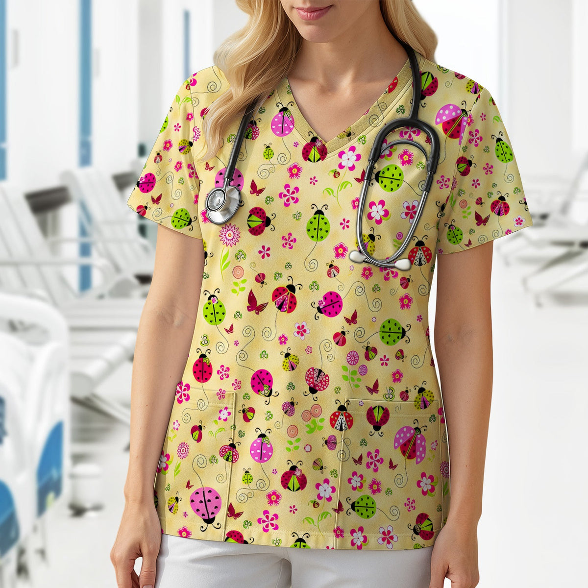Yellow Ladybug Floral Garden Pattern Scrub Top, Breathable Fabrics Nursing Uniform