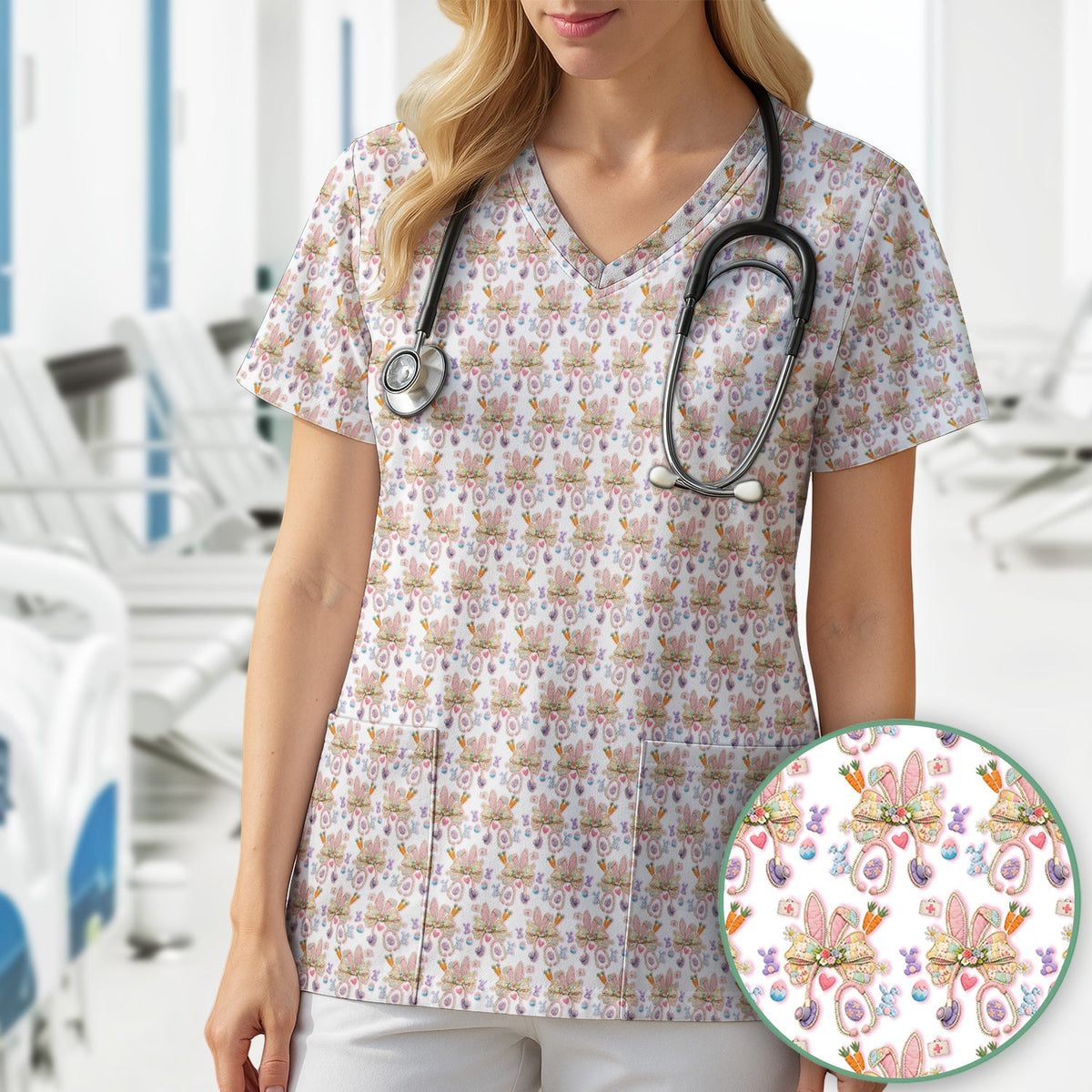 Bunny Stethoscope Nurse Scrub Top - Easter Gift