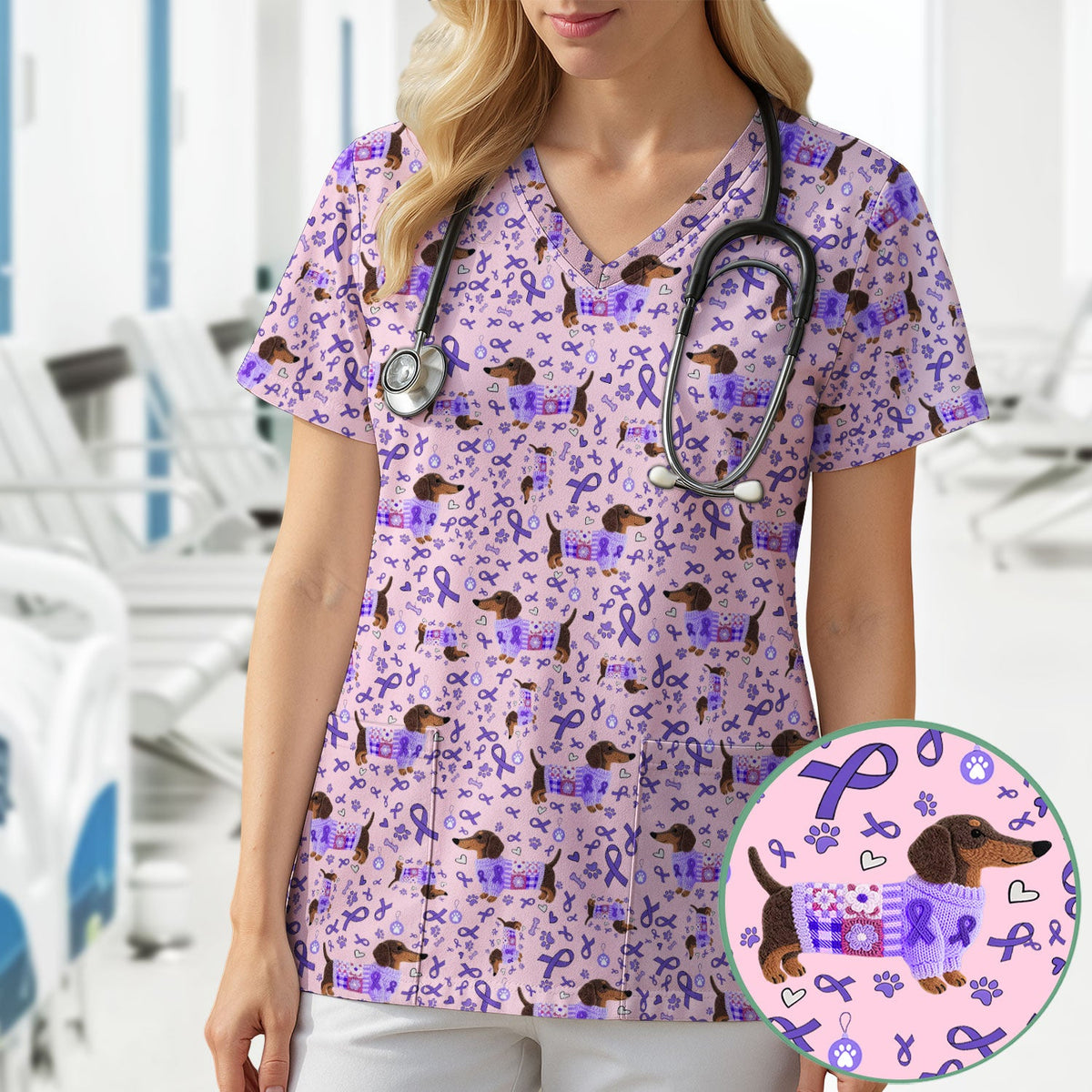 Purple Ribbon Dachshund Nurse Scrub Top