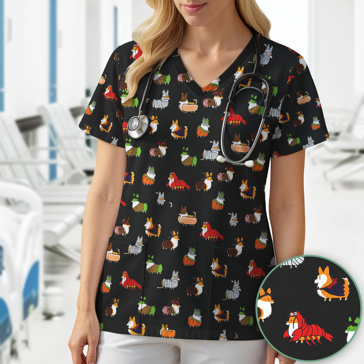 Halloween Corgi Costume Nurse Scrub Top