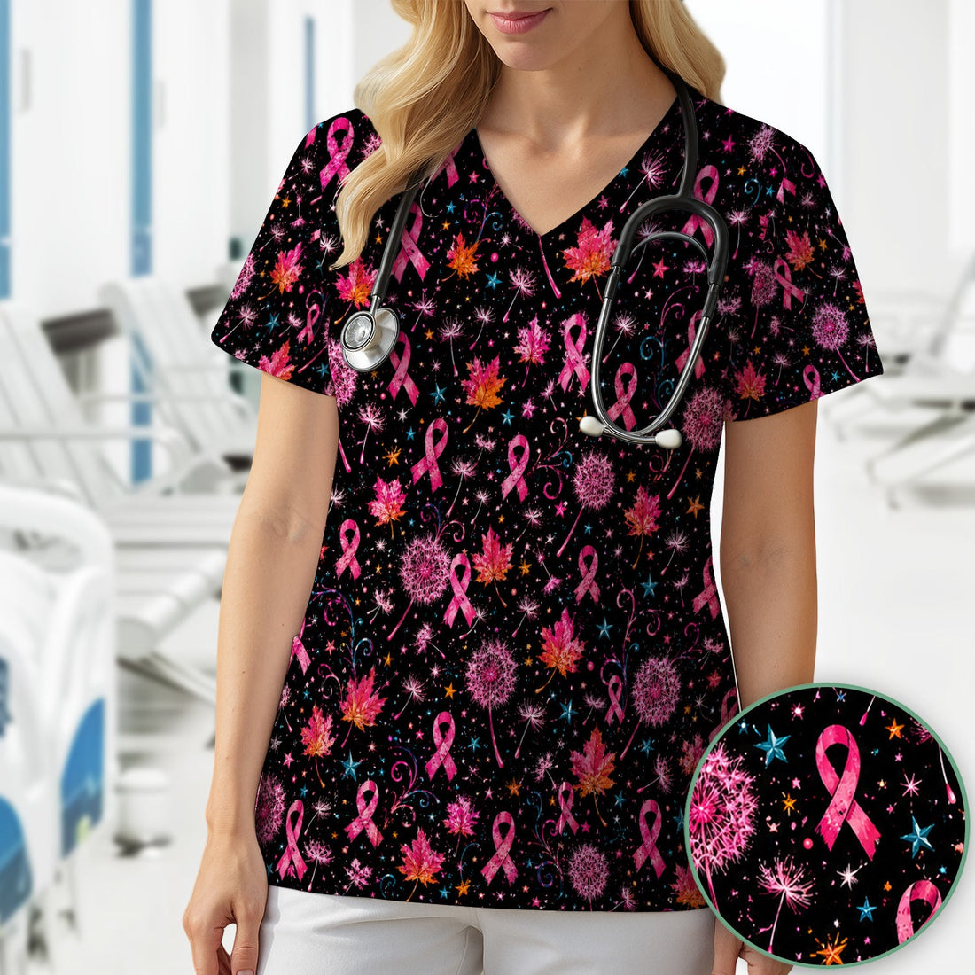 Breast Cancer Pink Ribbon Fall Nurse Scrub Top