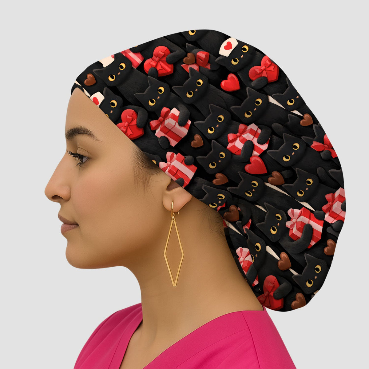 Black Cat Valentine Heart Scrub Cap