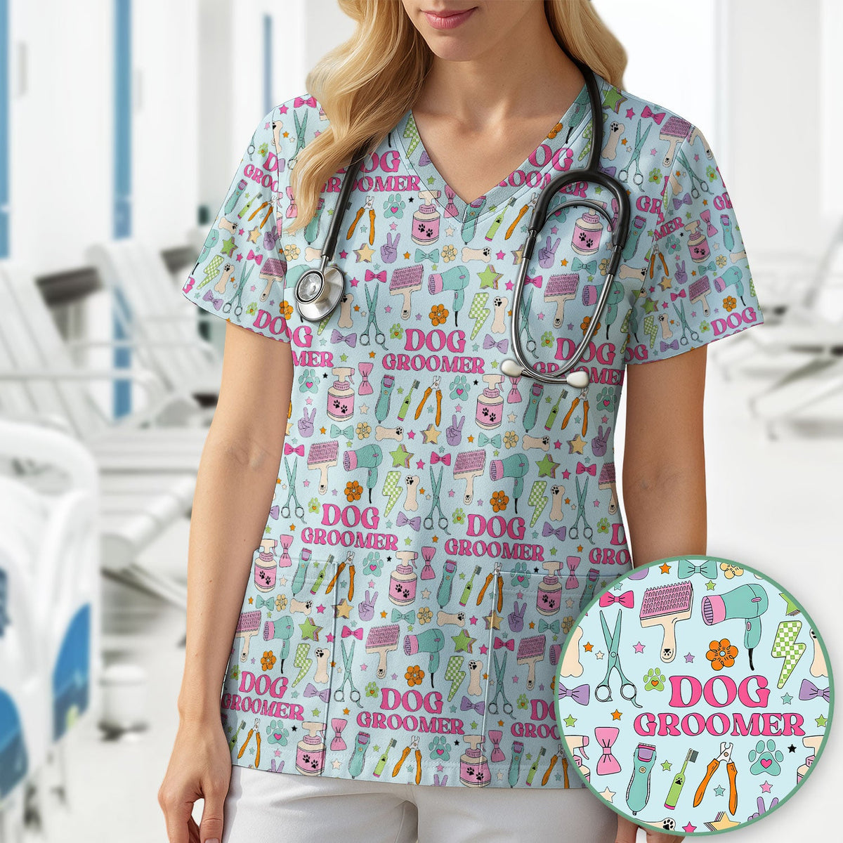 Dog Groomer Tools Nurse Scrub Top
