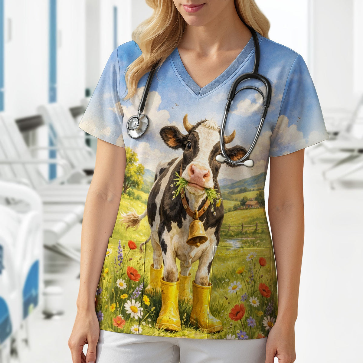 Cow Wearing Boots Nurse Scrub Top