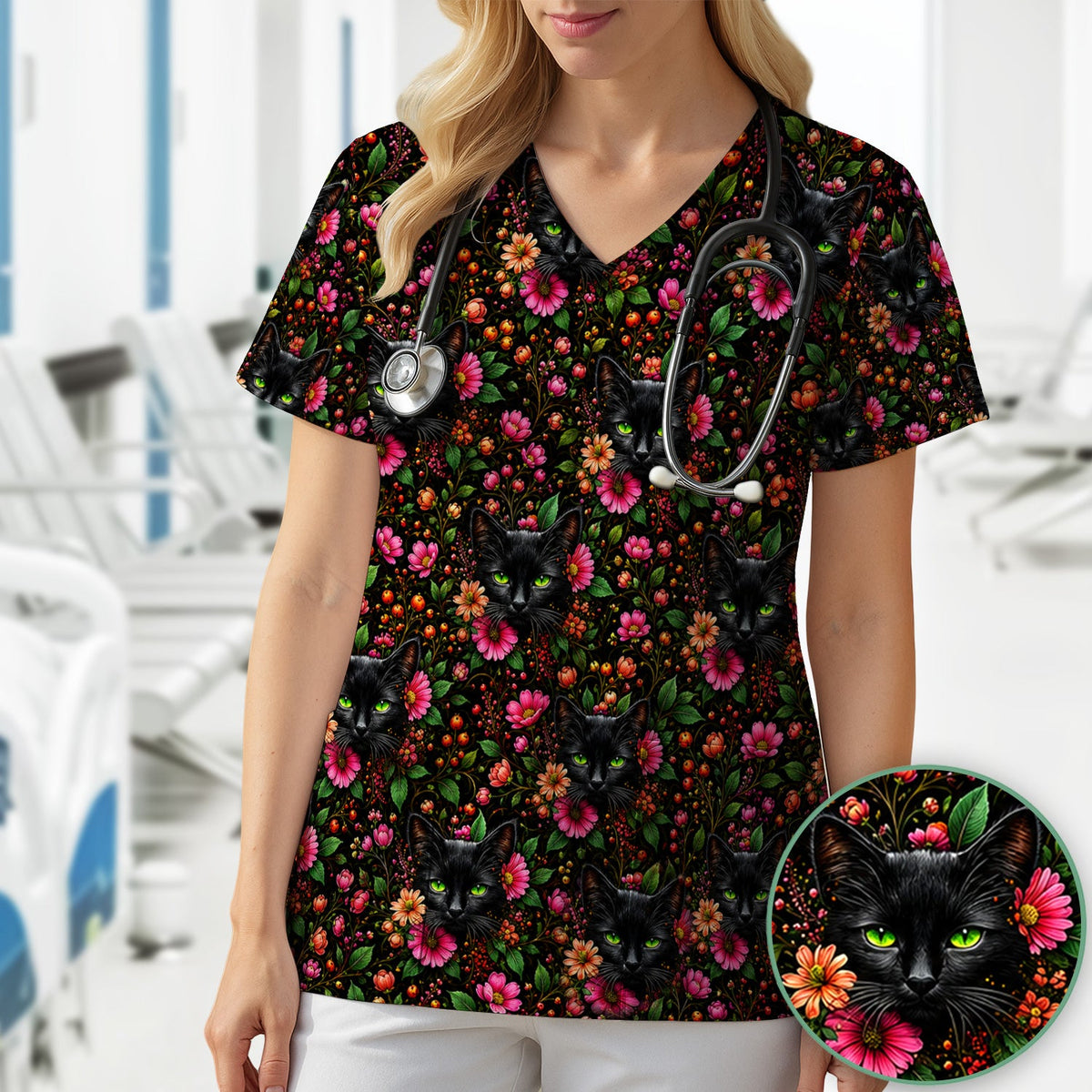 Adorable Black Cat Blossom Nurse Scrub Top
