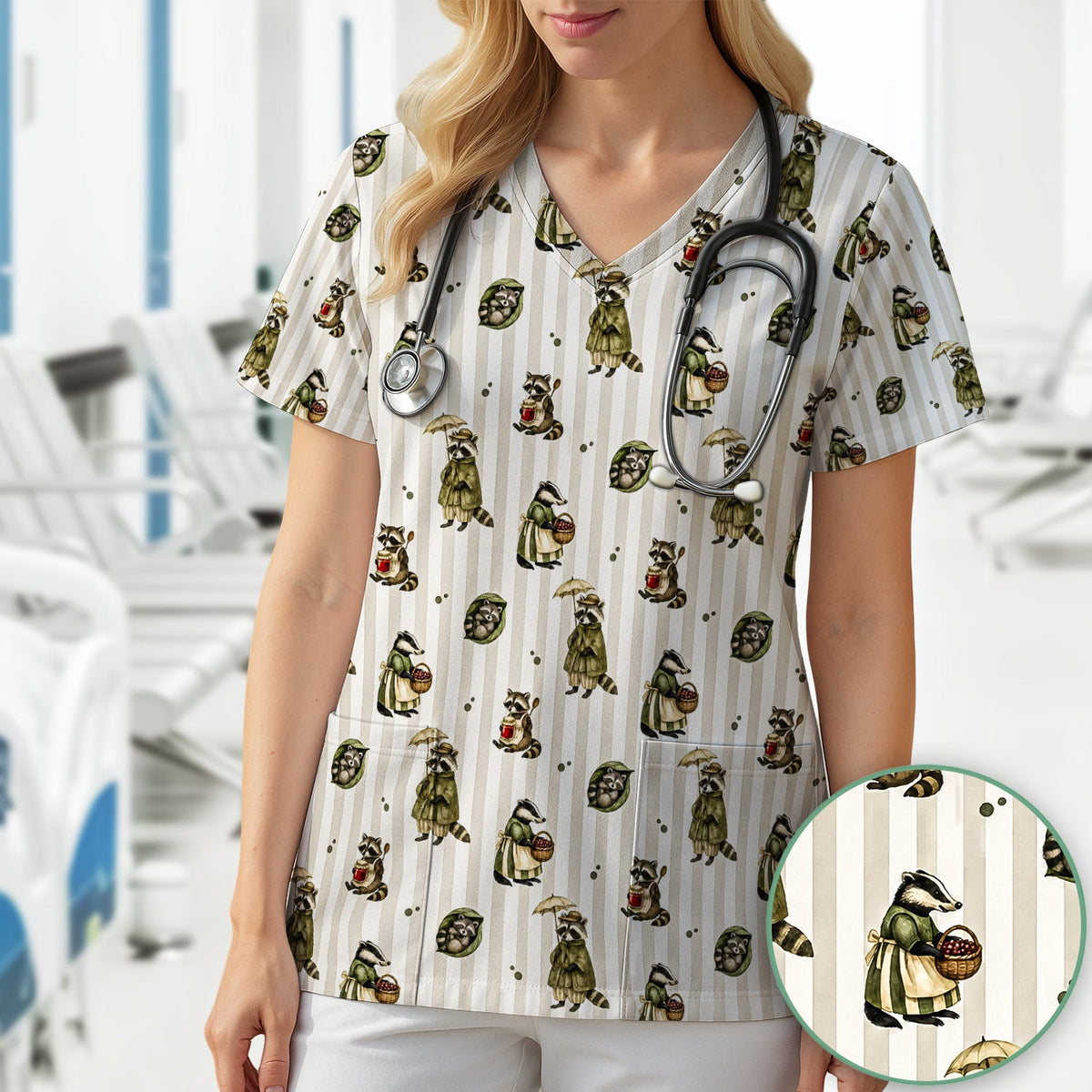 Woodland Raccoon Print Nurse Scrub Top