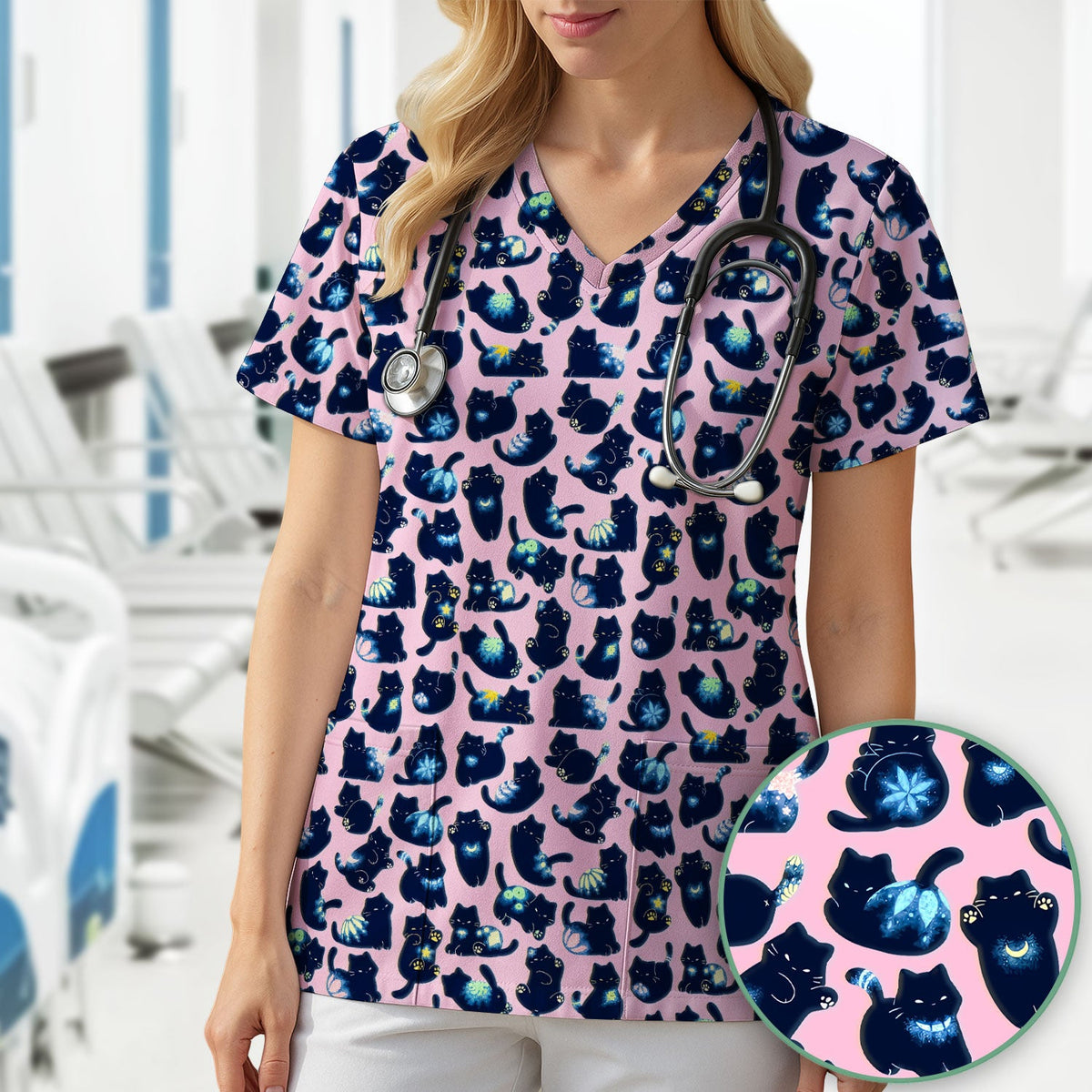 Midnight Black Cat Nurse Scrub Top