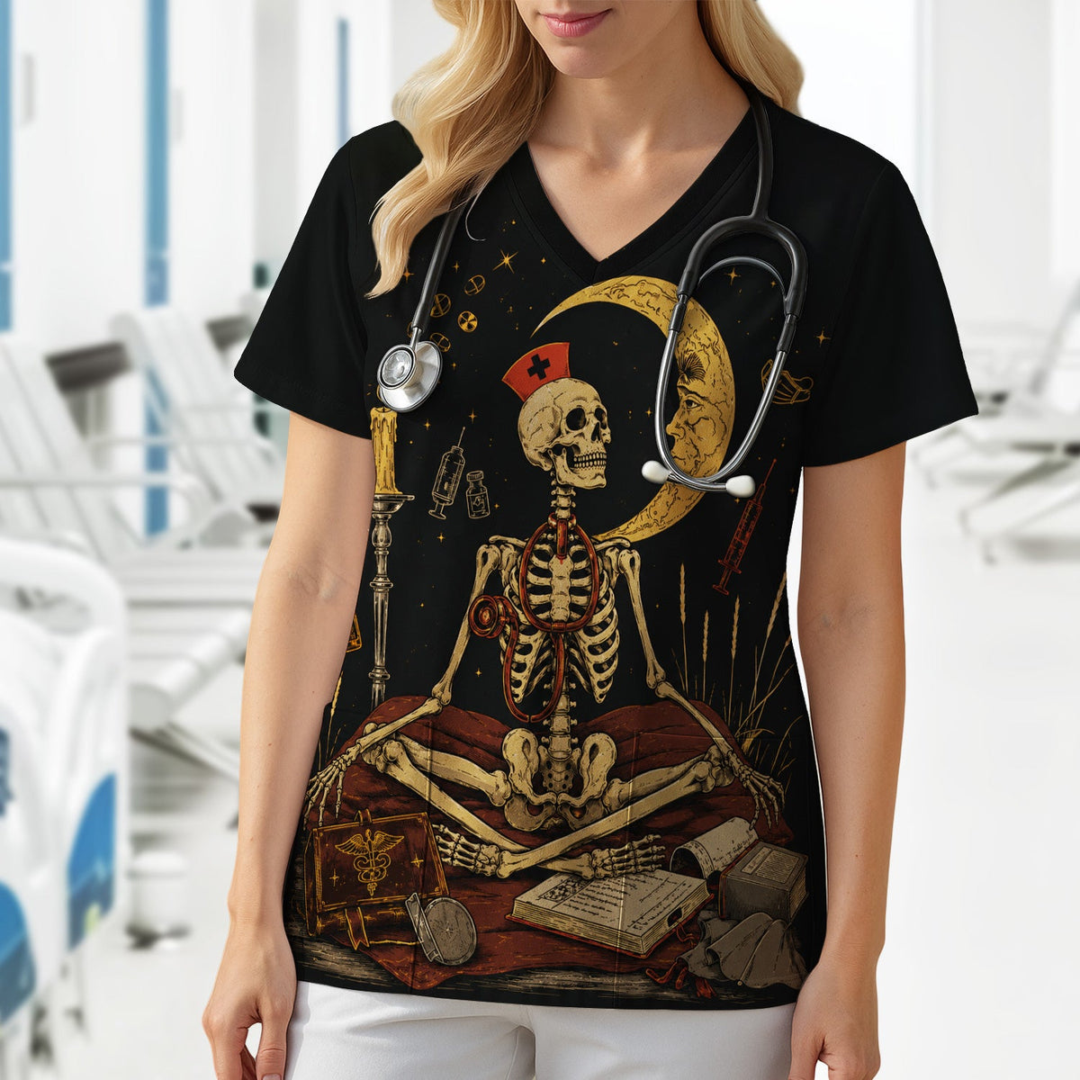 Breast Cancer Skeleton Nurse Scrub Top